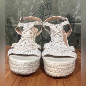 Woven Macramé Platform Sandals in Cream